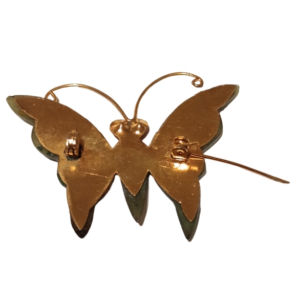 Vintage 70s Nephrite Jade Butterfly Brooch Pin EUC - Picture 4 of 7